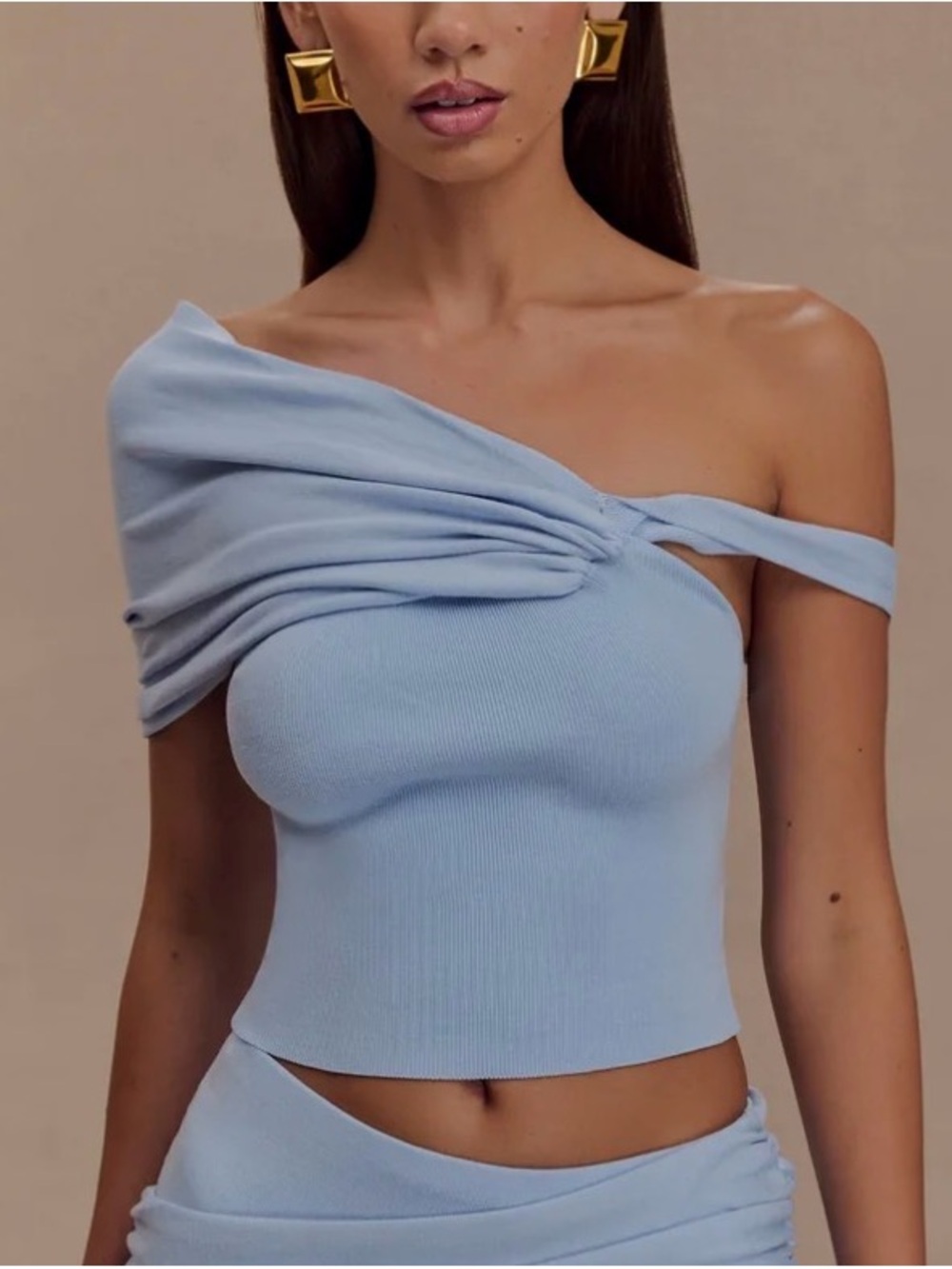 Meshki Powder Blue Gather Knit Top One-Shoulder Rib Knit Crop Top